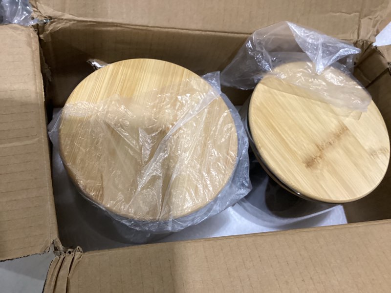 Condition photo showing Good Condition for homartist large glass flour and sugar containers 180oz x2 [set of 2], glass food storage containers with bamboo lids, glass jar with airtight lids for spaghetti pasta,rice,cereal,candy,coffee, oat