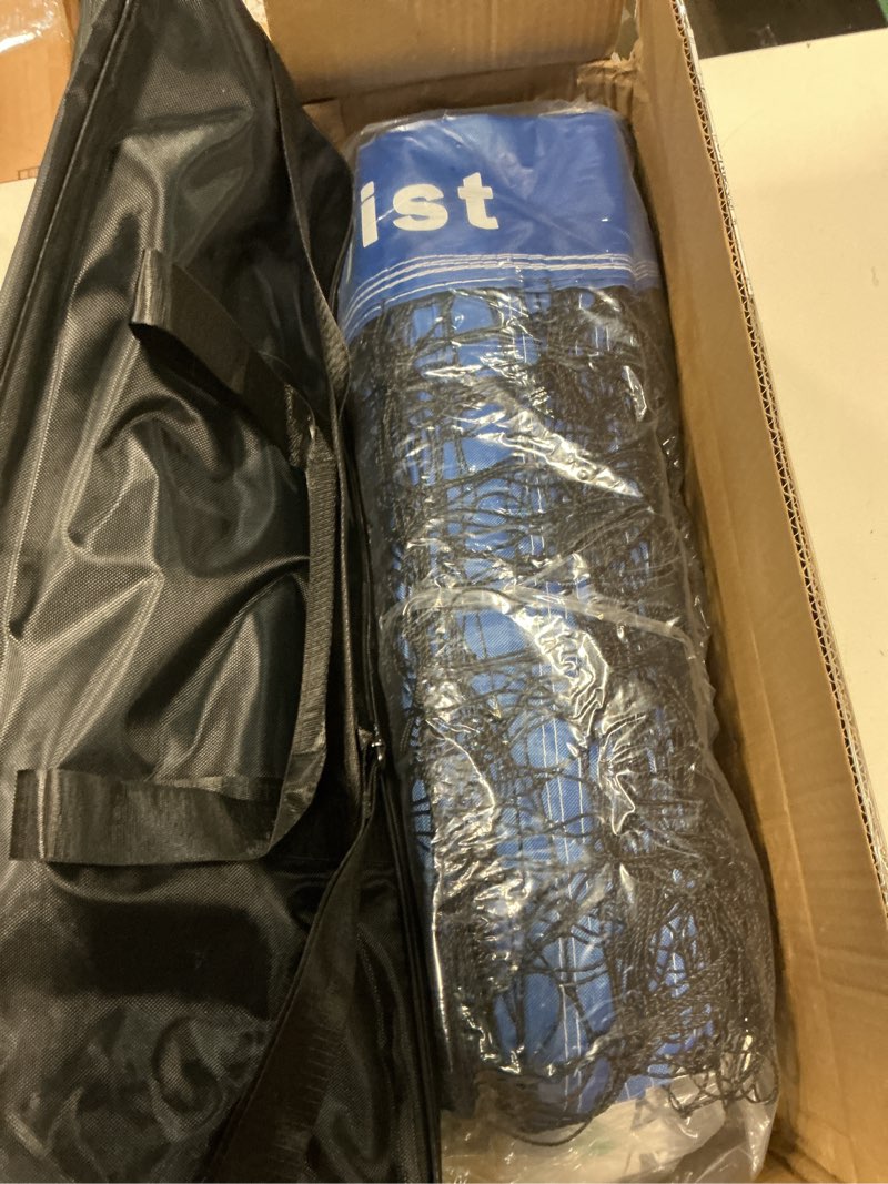 Condition photo showing New/Like New for heavy duty volleyball net outdoor with steel anti-sag system, adjustable aluminum poles, professional volleyball nets set for backyard and beach, volleyball and carrying bag blue