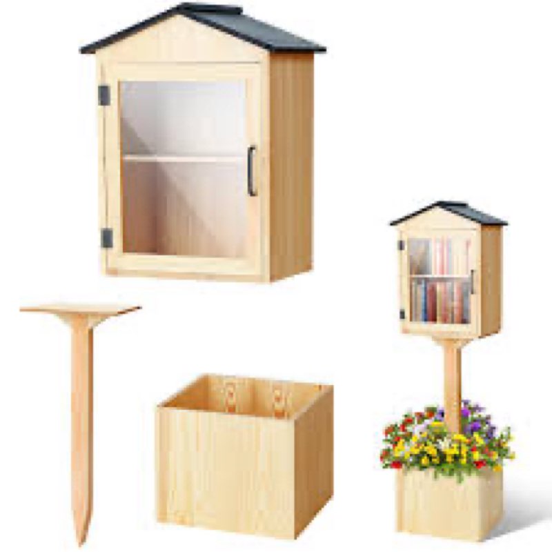 wonderjune wooden little library box outdoor free library box storage with floor plugs and small flower fence for diy, neighborhoods, community, schools sharing books, newspapers