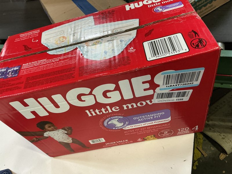 Condition photo showing New/Like New for huggies size 4 diapers, little movers baby diapers, size 4 (22-37 lbs), 120 count, packaging may vary size 4 120