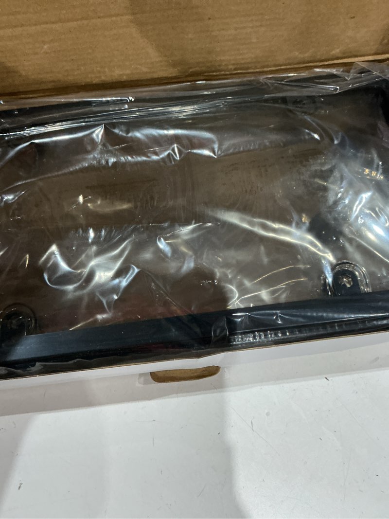 Condition photo showing Good Condition for license plate frame cover, clear license plate protector 2 pack, abs car rear front plate frames with screws caps, rustproof, unbreakable, easy install for cars, trucks, suvs, clear gray