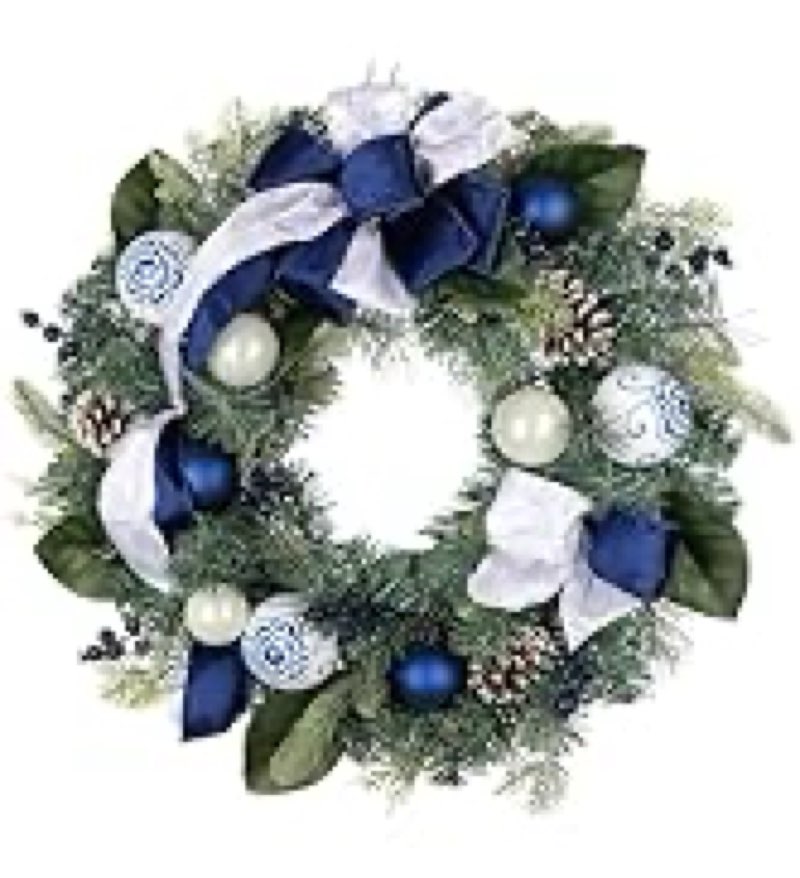 Blue and White Christmas Wreath,24 inch Chinoiserie Wreaths with Bows Berries Pinecone for Front Doo