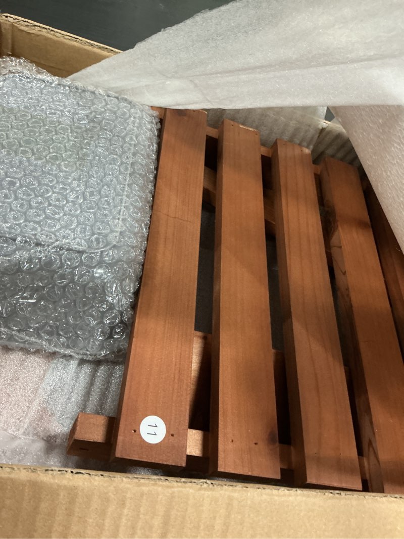 Condition photo showing Good Condition for mud kitchen for outdoor, wooden outdoor pretend kitchen with sink, chalkboard and storage shelves m3 water slide, faucet, stove,