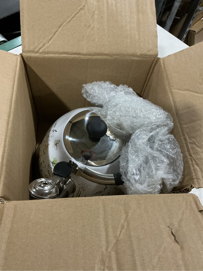 Condition photo showing As Is for tea kettle, 3.1 quart whistling tea pot for stove top, food grade 304 stainless steel teapot with for coffee, tea, milk etc white field flower