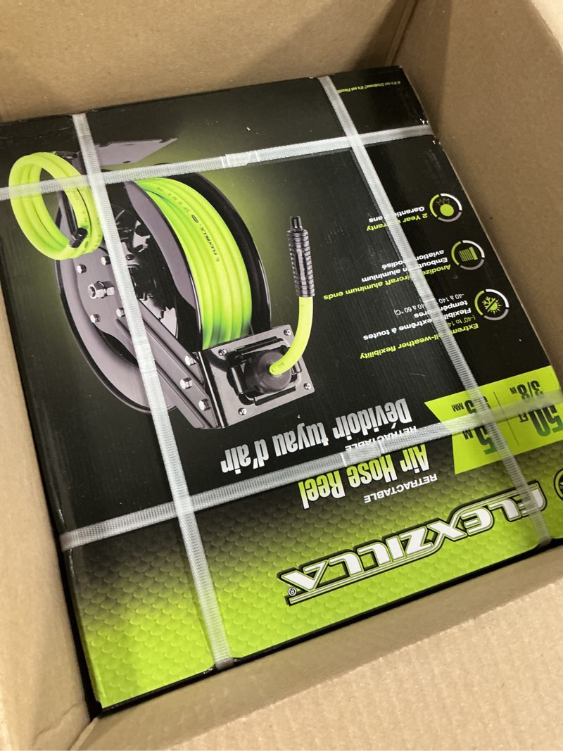 Condition photo showing item condition for Flexzilla Open Face Retractable Air Hose Reel, 3/8 in. x 50 ft., Heavy Duty, Lightweight, Hybrid, ZillaGreen - L8611FZ 3/8" (inches) x 50' (feet) Hose Reel