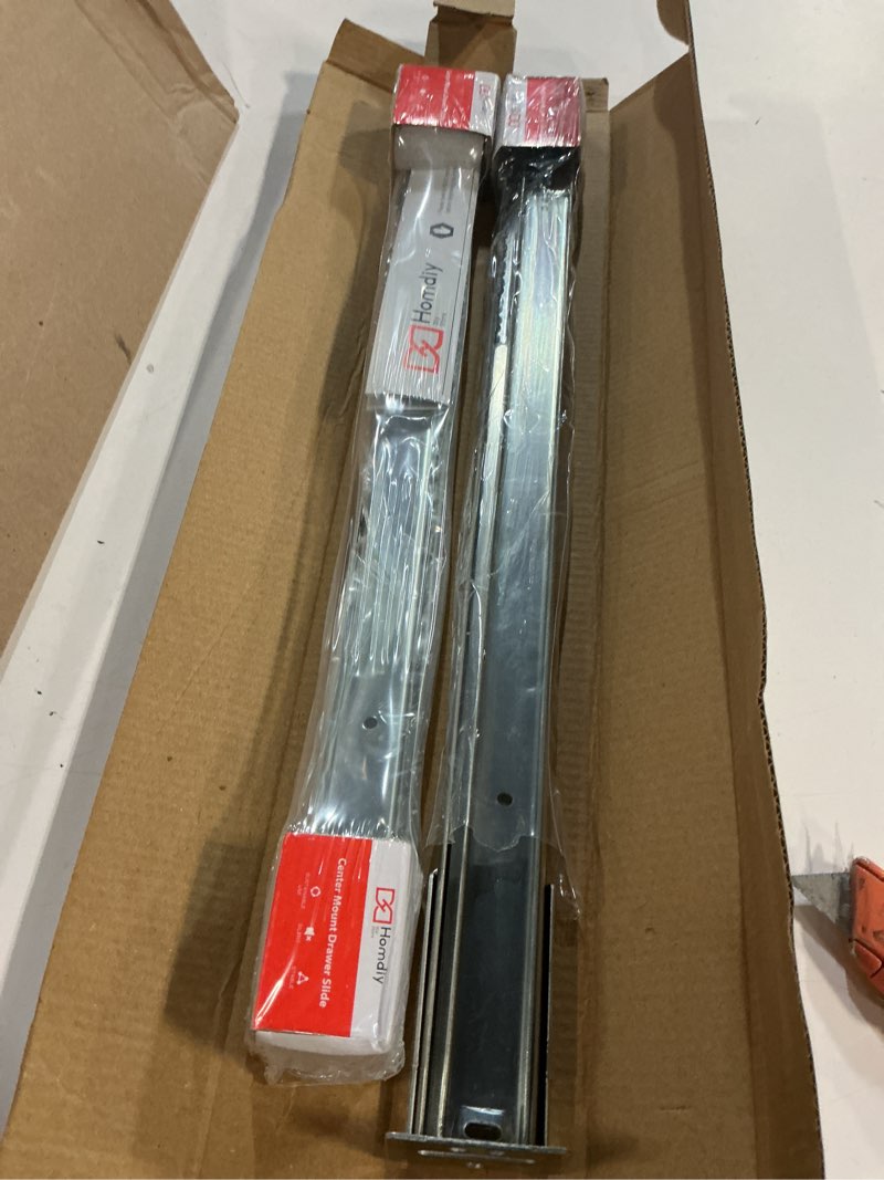 Condition photo showing As Is for homdiy 2 Pcs Bottom Mount Centered Drawer Slides for Cabinet and Dresser 18 Inch Heavy Duty Center Mount Drawer Rails 3/4 Extension Glide Track 18 Inch 2 Pack