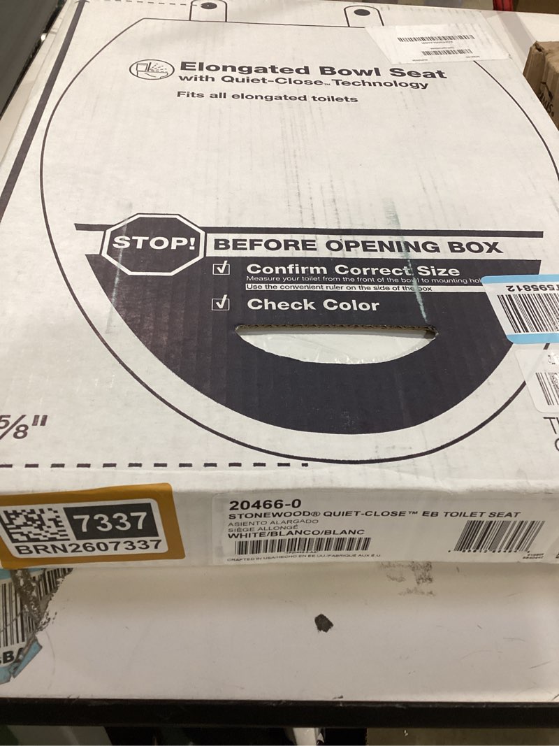 Condition photo showing New/Like New for kohler stonewood quiet-close elongated toilet seat, slow close design, durable wood, easy installation, universal fit, white finish, k-20466-0