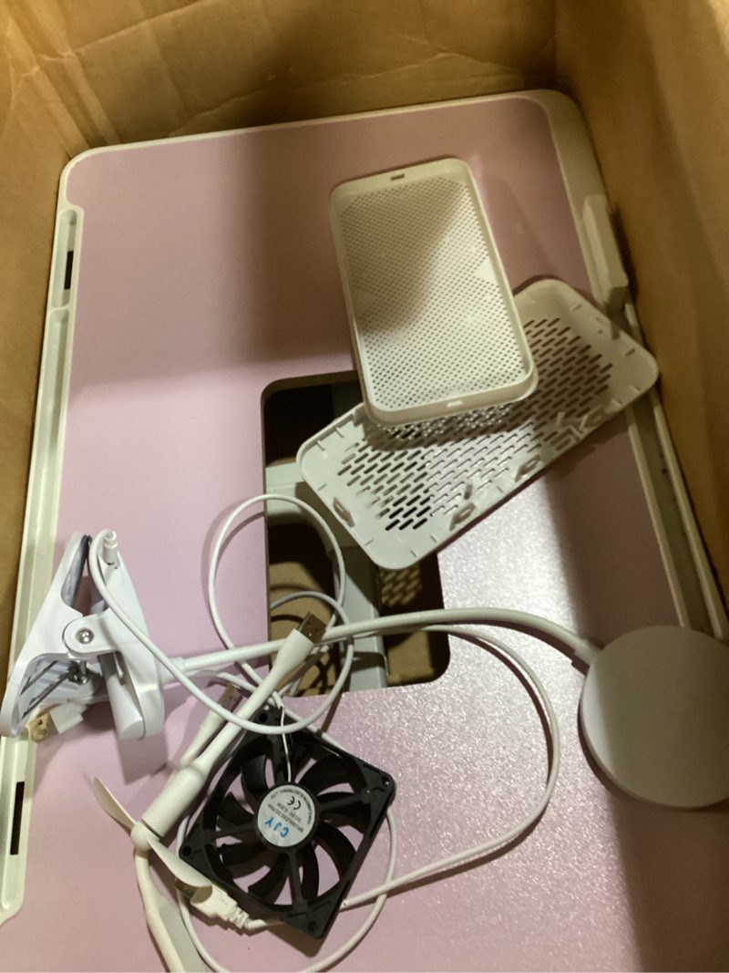 Condition photo showing As Is for ixtra laptop lap desk include cooling fan,adjustable lap desk with light fan,folding laptop desk for bed with usb,bed desk with storage drawer 60x40cm,purple purple+holder,60x40cm