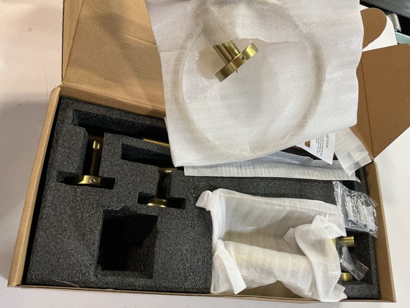 Condition photo showing Good Condition for 5 pieces bathroom hardware accessories set brushed gold, 24inch bathroom towel rack set sus304 stainless steel, round toilet paper holder with shelf heavy duty, wall mounted brushed gold 5 pieces 24" a