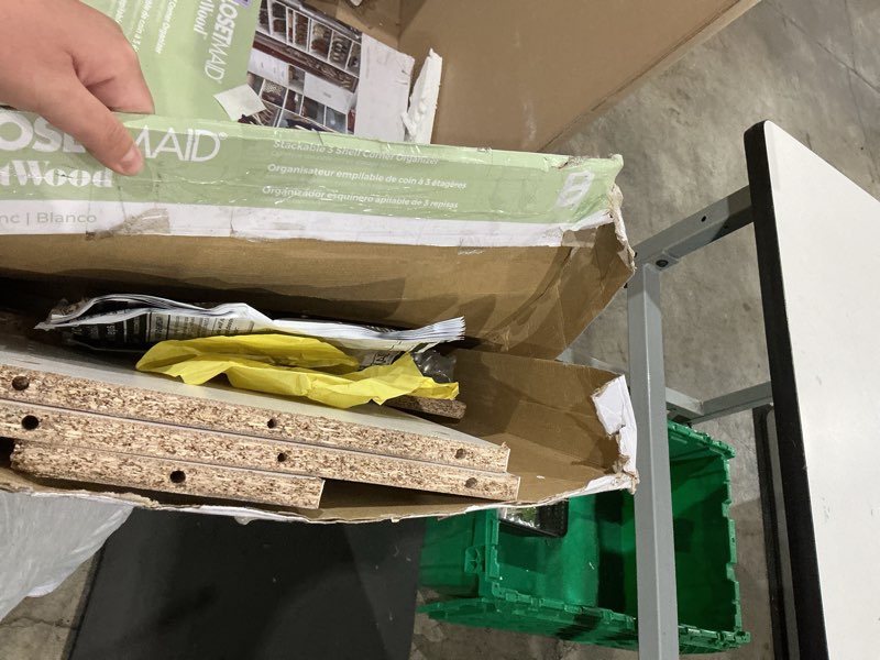 Condition photo showing As Is for closetmaid brightwood 31.75-in x 19.67-in d white solid shelving wood closet corner shelf (3 shelves)