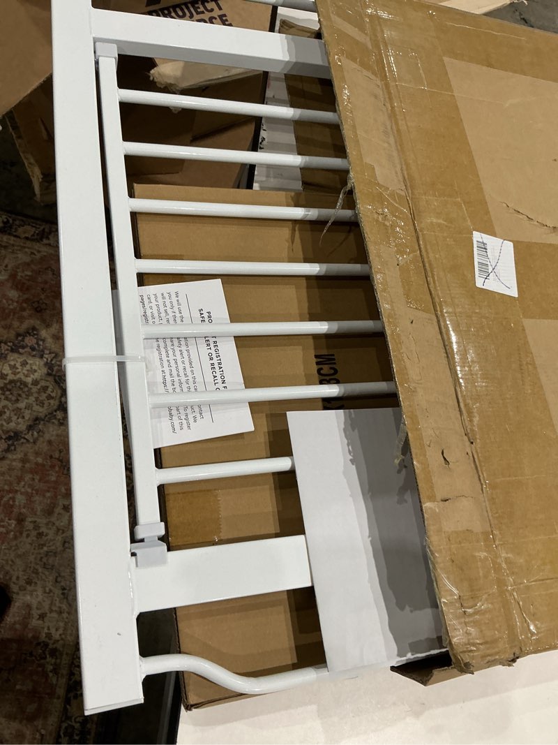 Condition photo showing As Is for waowao extra tall 40.55" baby gate 29.92-63.38" wide pressure mounted walk through swing auto close safety white metal toddler child dog pet for indoor stairs,doorways,kitche white 29.92-63.38"/76-161cm