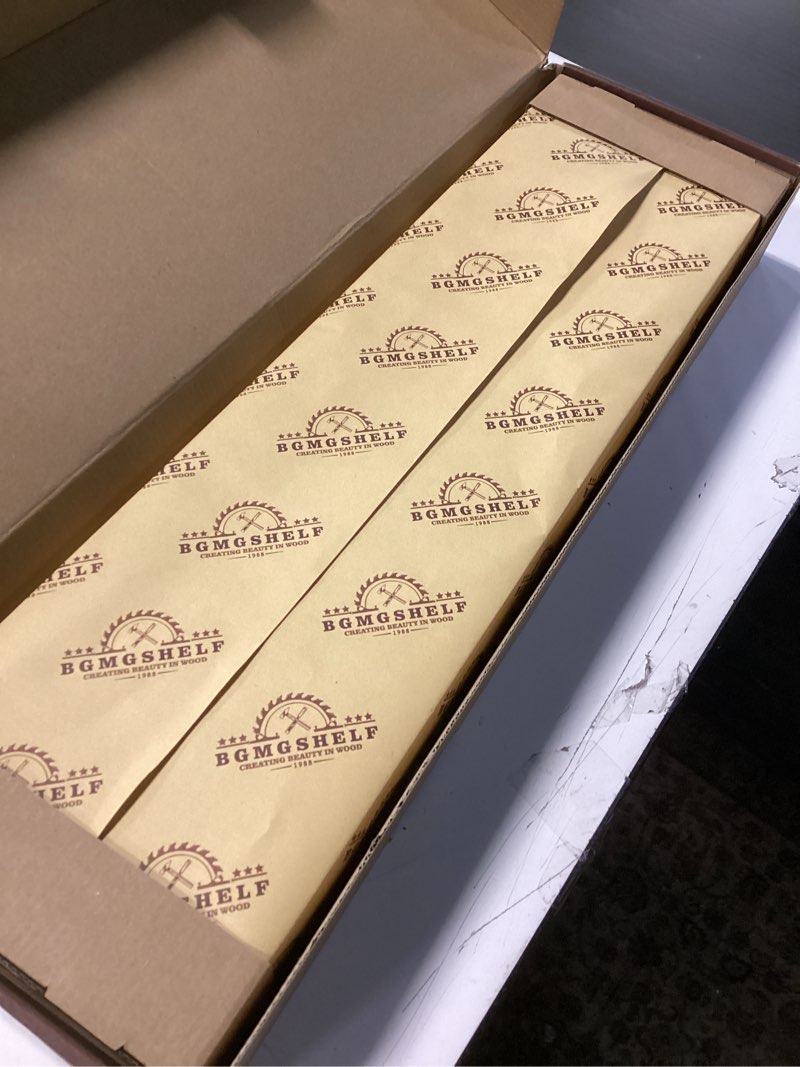 Condition photo showing New/Like New for BGMG Wood Floating Shelves for Wall 24 inch Set of 2, Rustic Wooden Wall Mount Shelves for Bathroom Living Room Bedroom Kitchen Farmhouse -24x 6.7 x1.25 inch-Dark Walnut