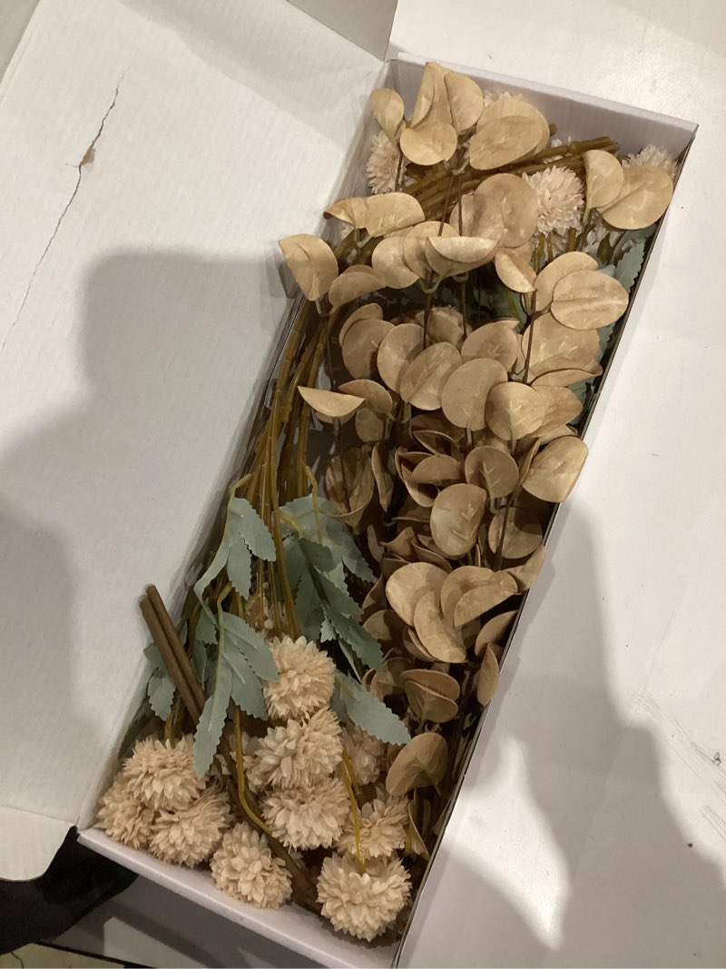 Condition photo showing As Is for Artificial Flowers for Vase - Beige Silk Mums 10 Long Stems with Eucalyptus, Faux Flowers Home Decor, Neutral Tan Cream Floral Arrangement, Fake Chrysanthemum Pom Pom Stems, Spring Fall Centerpiece