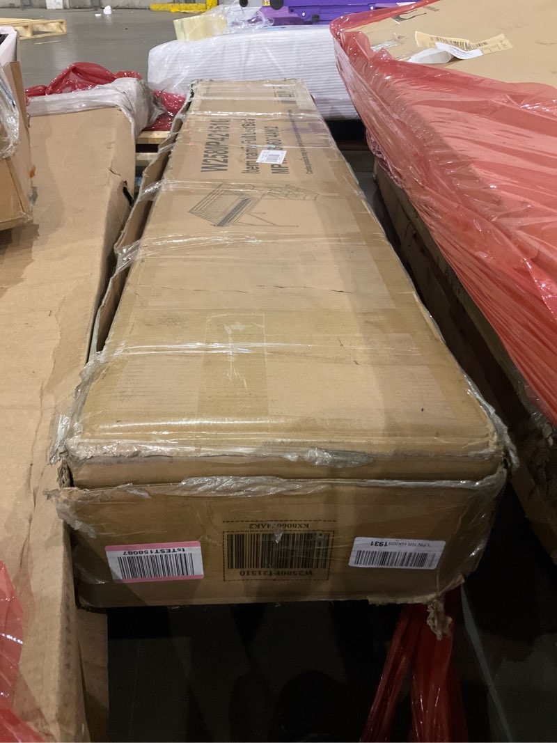 Condition photo showing As Is for Twin Size Loft Bed with L-Shaped Desk, LED Lights,Charging Station, Industrial Heavy Duty Metal Loft Bed Frame with 3 Storage Shelves and 3 Fabric Drawers, Safety Guard & Ladder, White White Twin