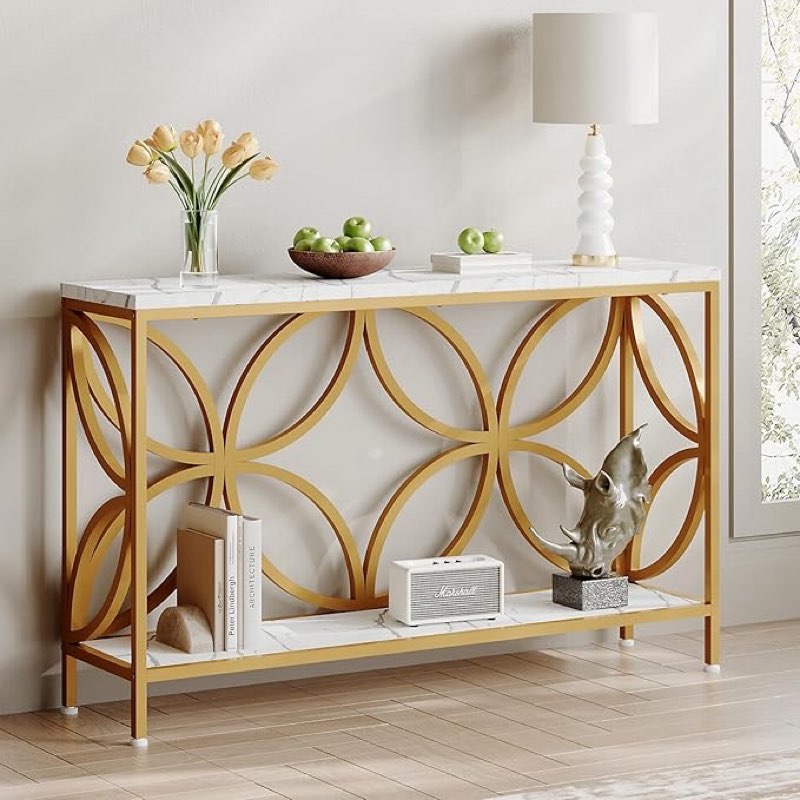 GiftGo Narrow Sofa Table 47.2 Inch, Industrial Sofa Table Behind Couch, Vintage Entry Console Table with Storage for Entryway, Living Room, Foyer, Elegant Design (White/Gold, 47.2)