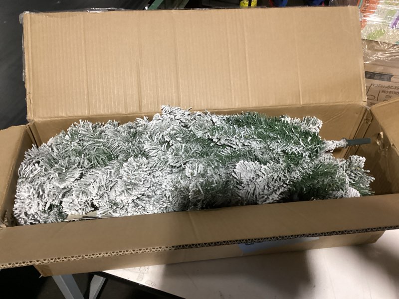 Condition photo showing As Is for 5FT Flocked Artificial Christmas Tree, Full Unlit White Christmas Tree with Premium PVC Branches, Realistic Snowy Look, Sturdy Metal Stand, Indoor Fake Snow Xmas Tree for Home Office Shops Flocked 5ft