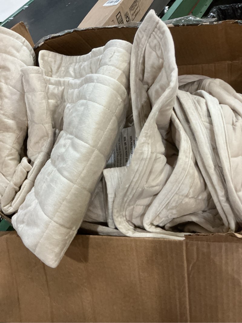 Condition photo showing Good Condition for recyco luxury velvet quilt set, california king 118'' x 106'' oversized bedspread, ultra soft velvet comforter, lightweight box stitch bedding sets for all season, with 2 shams, beige oversized cal king (118" x 106") beige