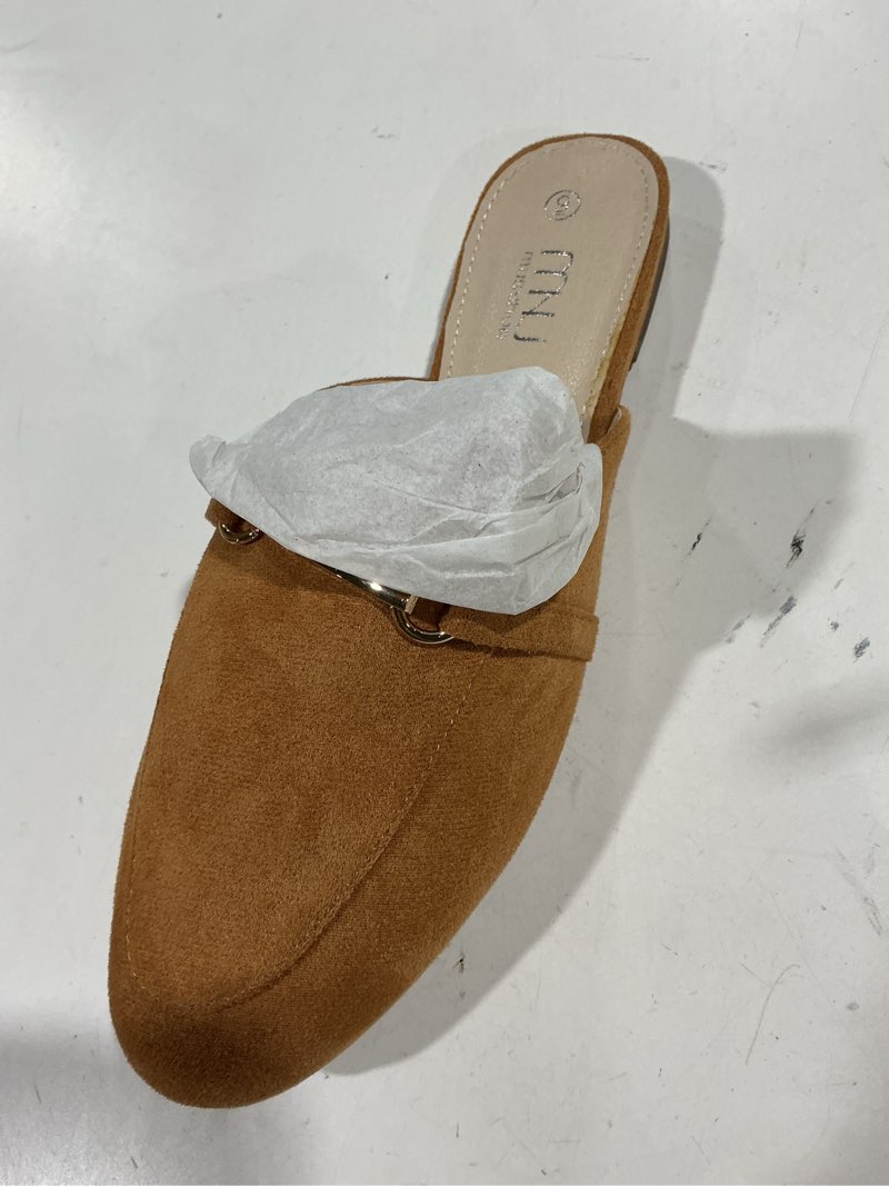 Condition photo showing Good Condition for MUSSHOE Mules for Woman Buckle Flats Comfortable Slip on Women Mules Flats Shoes Backless Loafers 9 Tan Suede