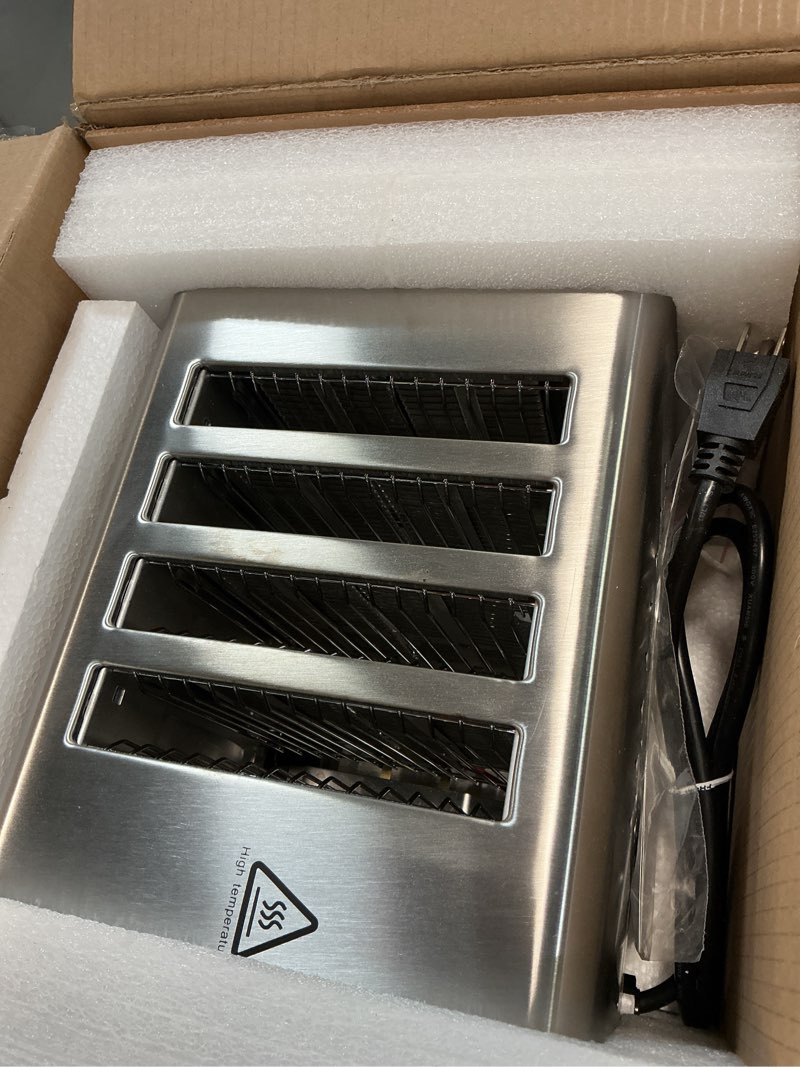 Condition photo showing As Is for PYY Commercial Toaster 4 Slices with 2/4 Slice Option, 120pcs/h, 6-Level Setting Toaster with Removable Crumb Tray, 1.1 inch Wide Slot for Bagel, Bread, Stainless Steel for Restaurant, Home, 1200W