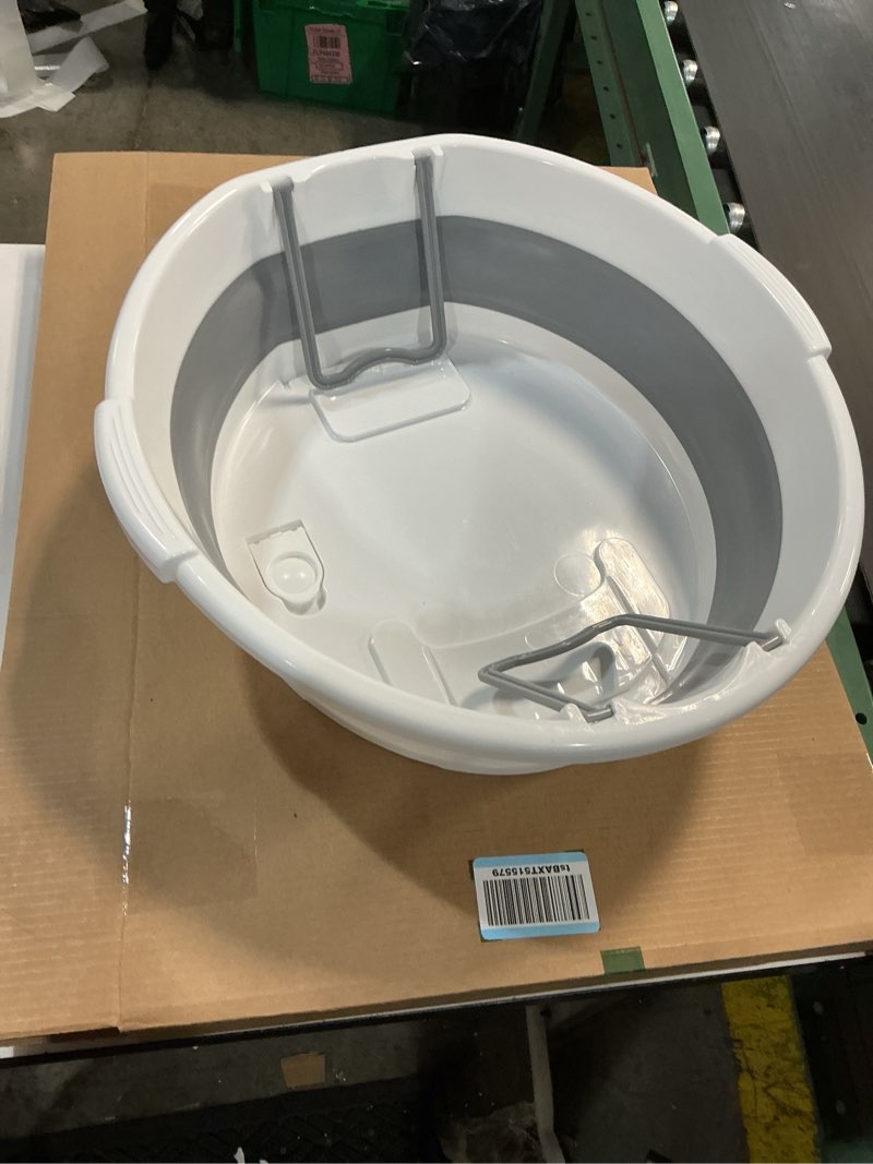 Condition photo showing As Is for large collapsible washboard basin for hand washing clothes - portable laundry tub with scrubber, durable & sturdy, foldable space-saver, ideal for home, travel, and camping (gray)