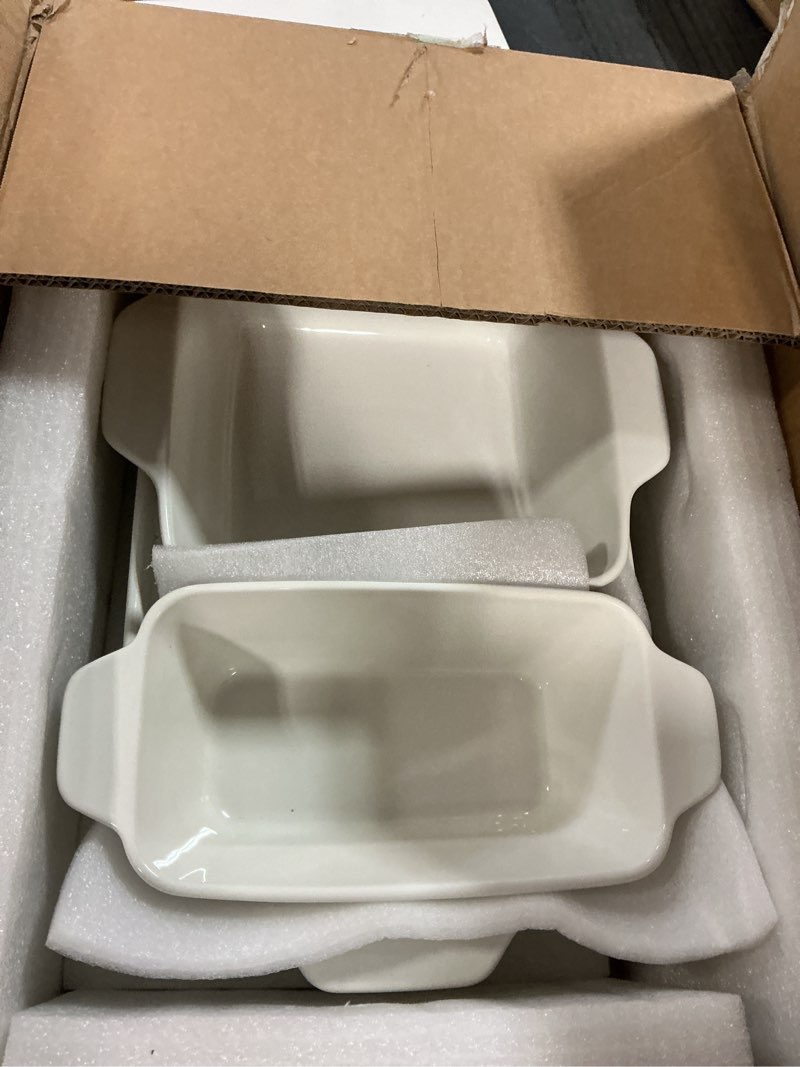 Condition photo showing Good Condition for DOWAN Casserole Dishes for Oven, Baking Dishes Set, Ceramic Bakeware Sets of 3, Lasagna Pan Deep, Rectangular Baking Pan Set with Handles for Baking, Casserole, Kitchen, Wedding Gift, White (13''/8''/4'') Soft White