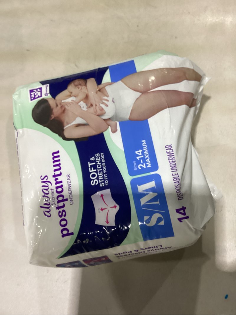 Condition photo showing As Is for always discreet postpartum and adult incontinence underwear for women, small/medium, maximum protection, 14 count small/medium 14