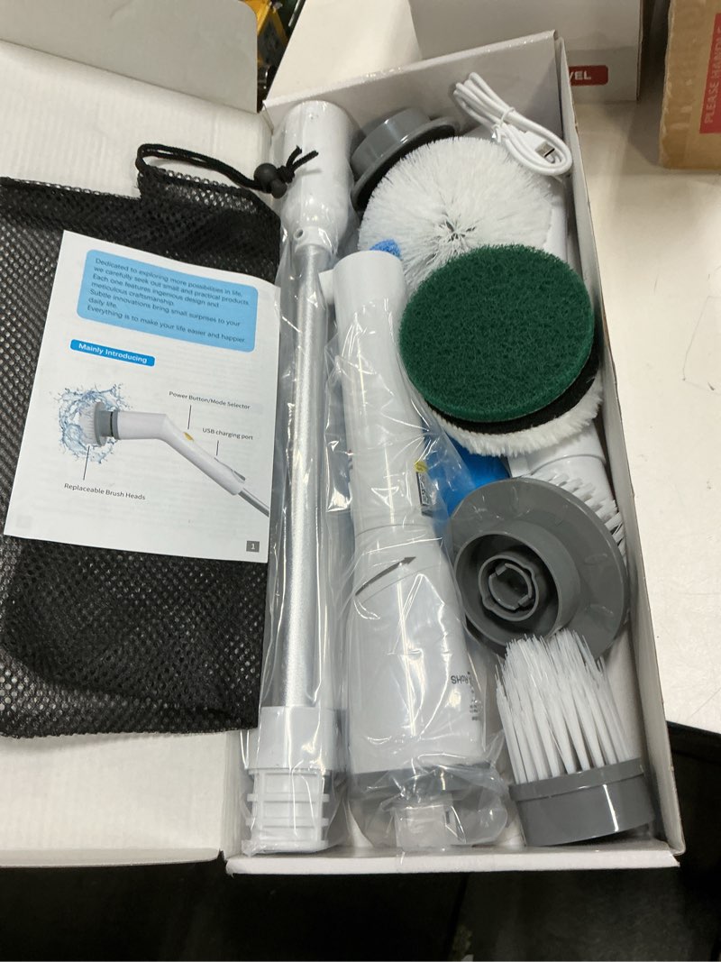 Condition photo showing New/Like New for electric spin scrubber, 2026 new cordless cleaning brush, shower cleaning brush with 7 replaceable brush heads, power scrubber 3 adjustable speeds, detachable long handle & ipx7 waterproof gray