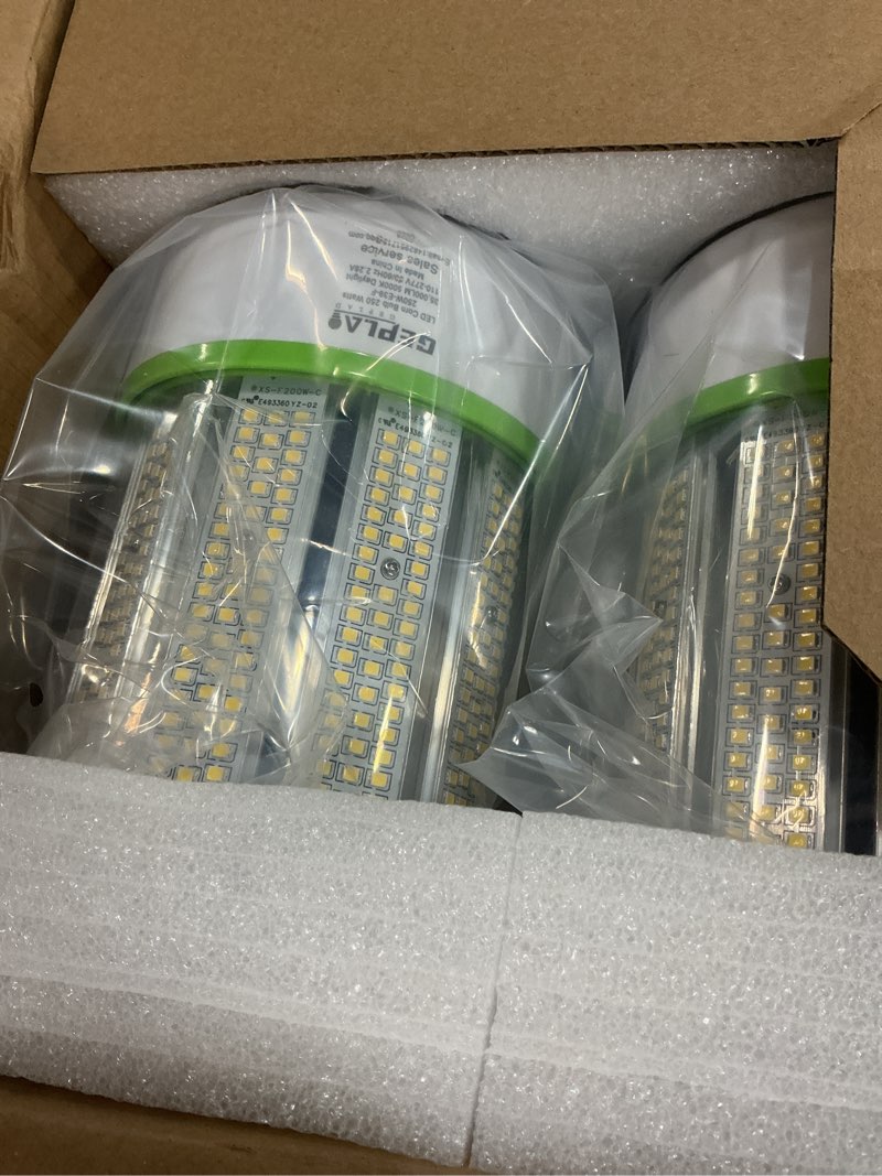 Condition photo showing New/Like New for geplad 2-pack 250w led corn bulb, 1000w equivalent, e39 mogul base, 35,000 lumens, 5000k daylight, for garage, factory, workshop, warehouse, barn?non-dimmable? 2 pack 250.0 watts