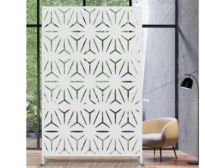 Elevens Free Decorative Privacy Screen with Stand, Outdoor Decor Privacy Fence Screen Metal Fence Panels, Outdoor Divider for Garden Patio Backyard, White-Star (A-GE04006)