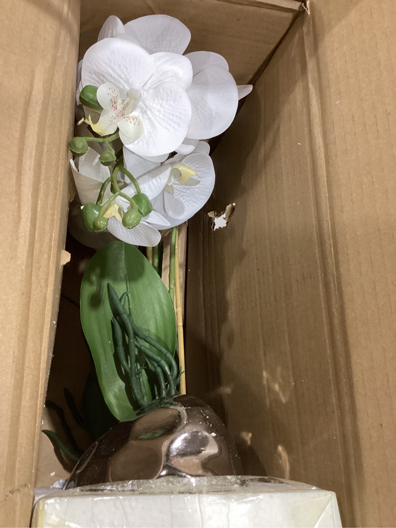 Condition photo showing Good Condition for briful orchids artificial flowers 18" white phalaenopsis large orchid with silver ceramic pots silk faux orchid arrangement for home office bathroom living room table decoration
