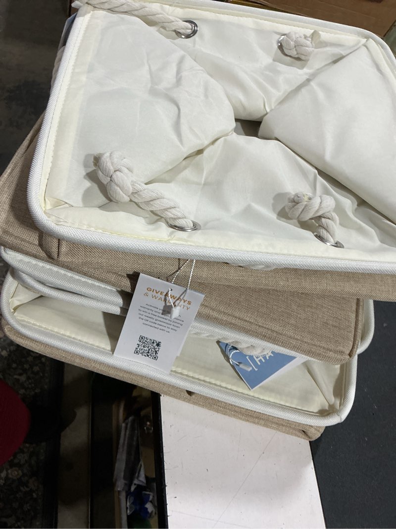 Condition photo showing Good Condition for organihaus 13x13 cube storage bins 4 pack, foldable cube storage organizer w/ rope handles, collapsible fabric bins for toys, clothes & closet organization, fabric square baskets - beige/white beige base / off-white 4 pcs (13x13)