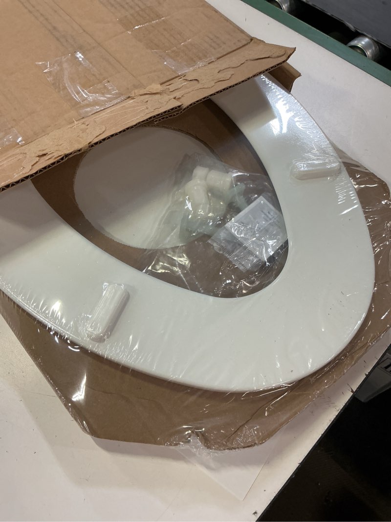Condition photo showing Good Condition for mayfair ashton easy to clean single hinge toilet seat, modern slow close wood toilet seat, made in usa, elongated, white elongated modern hinge