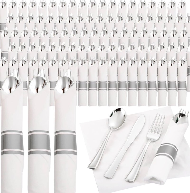 supernal silver plastic silverware,rolled plastic silverware,pre rolled napkins with plastic cutlery set,wrapped plastic cutlery set with napkin,silverware set disposable dinnerware set 120 guests