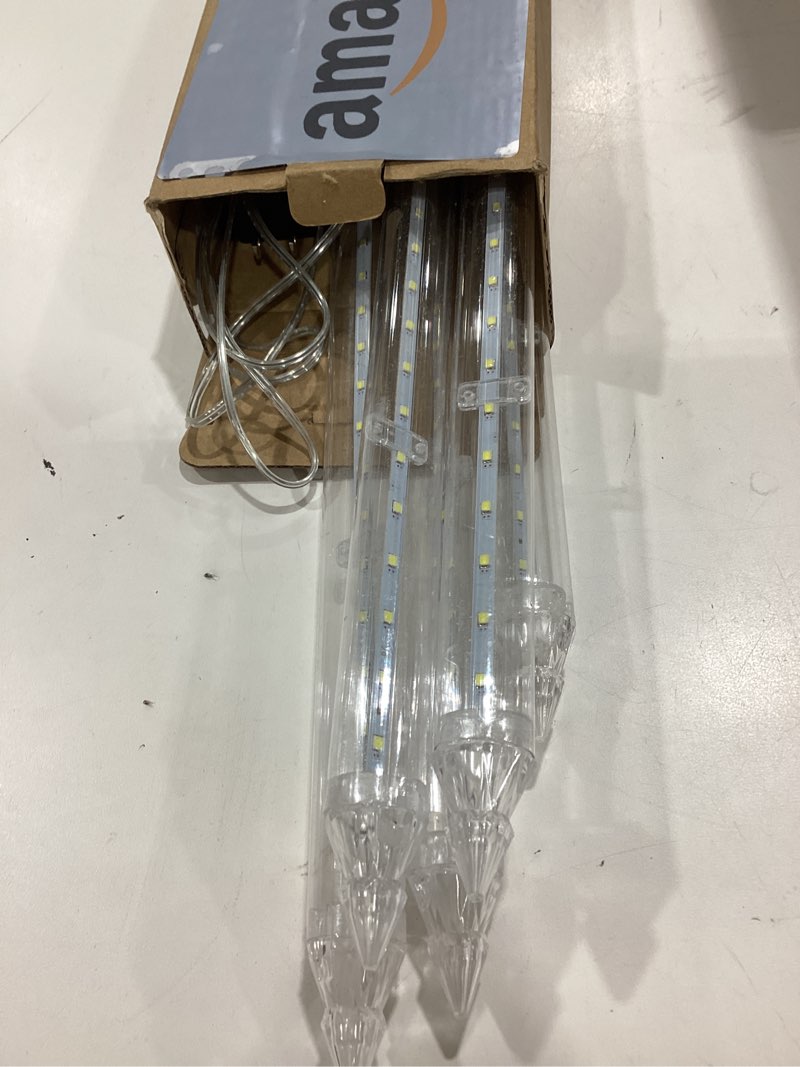 Condition photo showing As Is for flacchi meteor shower icicle lights - 5 tubes 20" each 270 led cascading raindrop lights, timer outdoor waterproof christmas decorations for holiday party(cool white) cool white 20 inch 5 tube