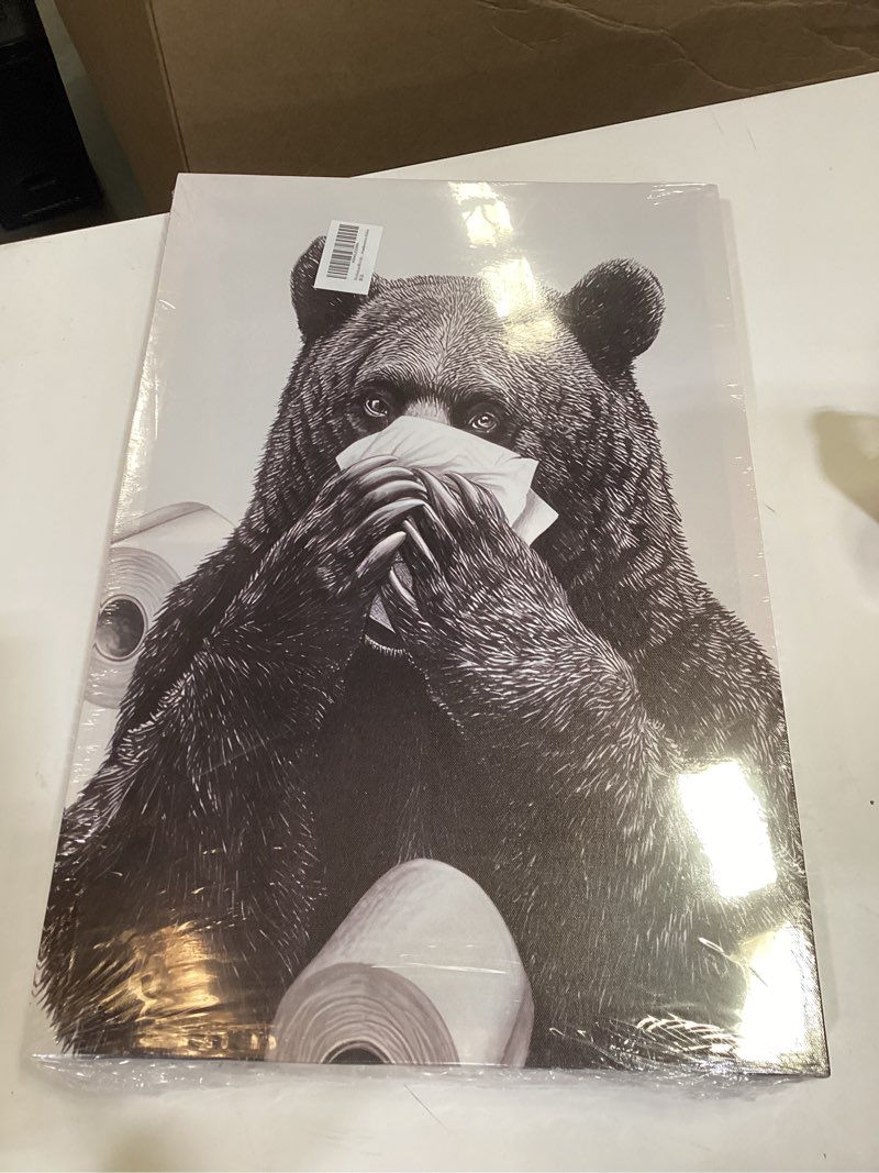 Condition photo showing New/Like New for 3pcs frame black bear bathroom wall art funny bear toilet paper covering nose painting reading newspapers pictures black and white animal wall decor posters prints for home decoration 12x16in bathroom bear canvas 16"l x 12"w