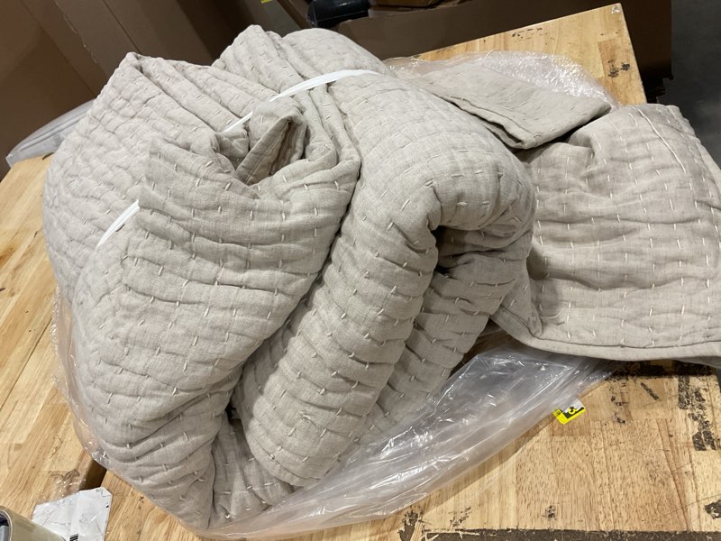 Condition photo showing As Is for european linen cotton stitch quilt set, king, natural