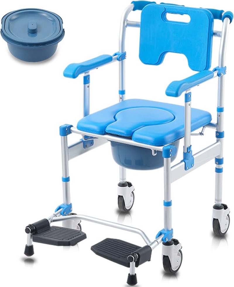 Shower Chair with Wheels Folding Armrests Can Be Upturned Rolling Shower Wheelchair Bedside Commode 