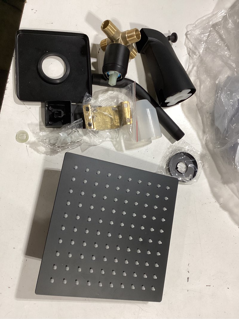 Condition photo showing As Is for black shower faucet set with tub spout, 8 inch square wall mounted rainfall shower head with rough-in valve body, bathroom shower trim kit single function rv shower system male thread valve matte black