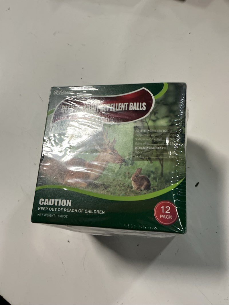 Condition photo showing New/Like New for 12 pack deer & rabbit repellent balls-deer repellent, rabbit repellent outdoor,animal deterrent for garden, yard, trees & plants-long-lasting 30-60 days-safe for pets, kids, flowers & vegetables