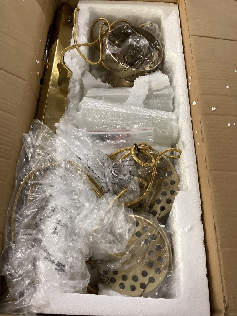 Condition photo showing New/Like New for Dijiahua 4-Light Gold Pendant Lights Kitchen Island Over Table, Modern Crystal Brushed Brass Linear Chandeliers,Adjustable Cord Hanging Counter Lamp Fixture for Dinning Room,Sink Gold 4-Light