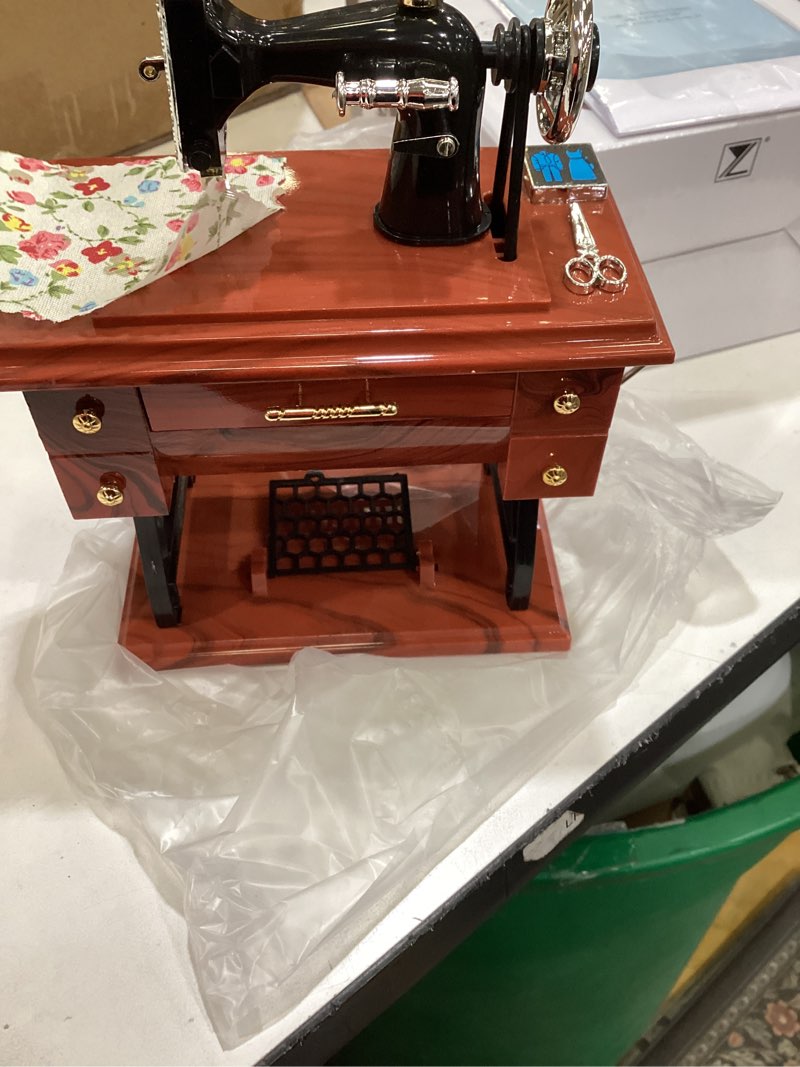 Condition photo showing Good Condition for sewing-machine-music-box-vintage-hand-cranked-mechanism mini musical retro classical table desk decoration with greeting card a.brown 1