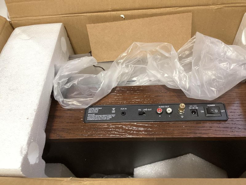 Condition photo showing As Is for turntable record player with built-in speakers, vinyl record player support bluetooth playback auto stop 33&45 rpm speed rca line out aux in all-in-one belt-drive turntable for vinyl records brown