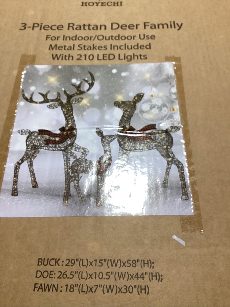 Condition photo showing New/Like New for Outdoor Christmas Decorations Rattan Reindeer Family - Light Up Rattan Deer 3 Set with 210 LED Lights - Outside Yard Decor Kit Including Lighted 3-Piece Deer, Stakes - Brown
