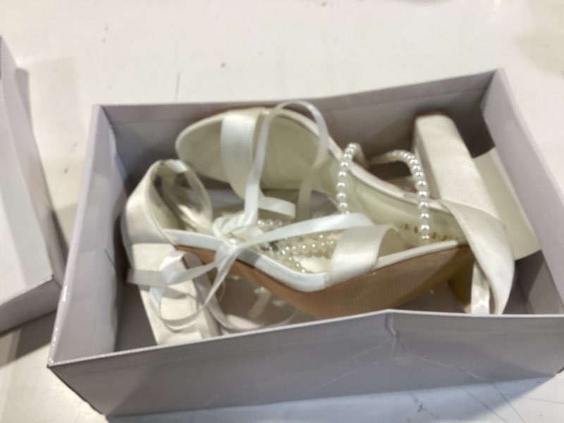 Condition photo showing Good Condition for high block heels wedding shoes for bride open toe bridal shoes pearl heels wedding sandals 6 ivory
