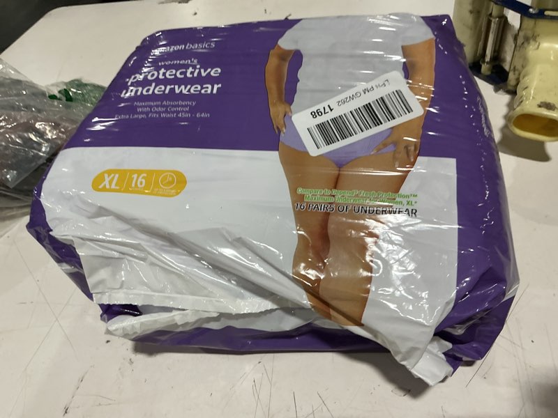 Condition photo showing New/Like New for amazon basics postpartum incontinence underwear for women, maximum absorbency, fresh protection, leak protection, odor guard, soft comfortable fit, disposable, x-large, lavender, 16 count x-large 16.0