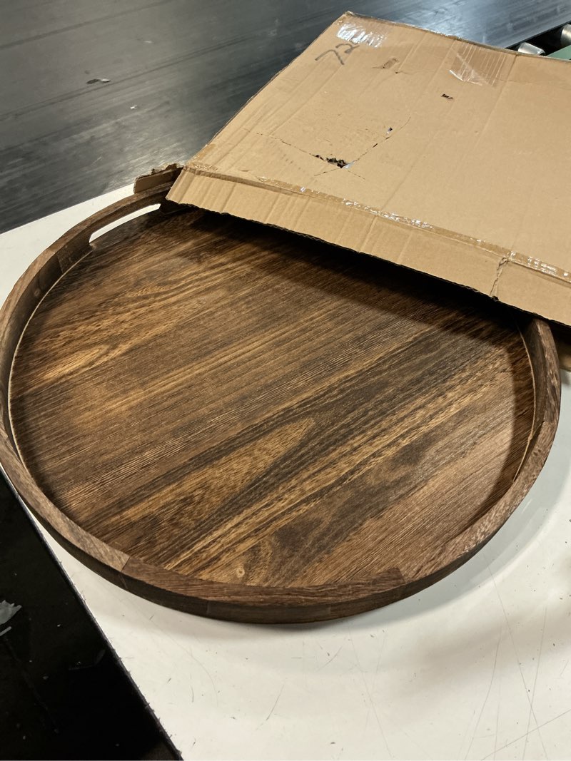 Condition photo showing Good Condition for 22 inch round wooden tray for decor large ottoman serving | rustic farmhouse decorative tray for coffee table centerpiece living room home decor 22"