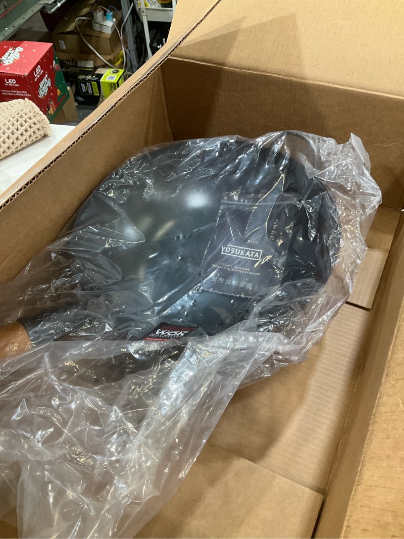 Condition photo showing New/Like New for YOSUKATA 13.5" Carbon Steel Wok Pan – Pre-Seasoned Flat Bottom Pow Wok for Stir Fry, BBQ, Grill & Camping – Traditional Japanese Chinese Cookware – Compatible with Induction, Electric, Gas, Open Fire