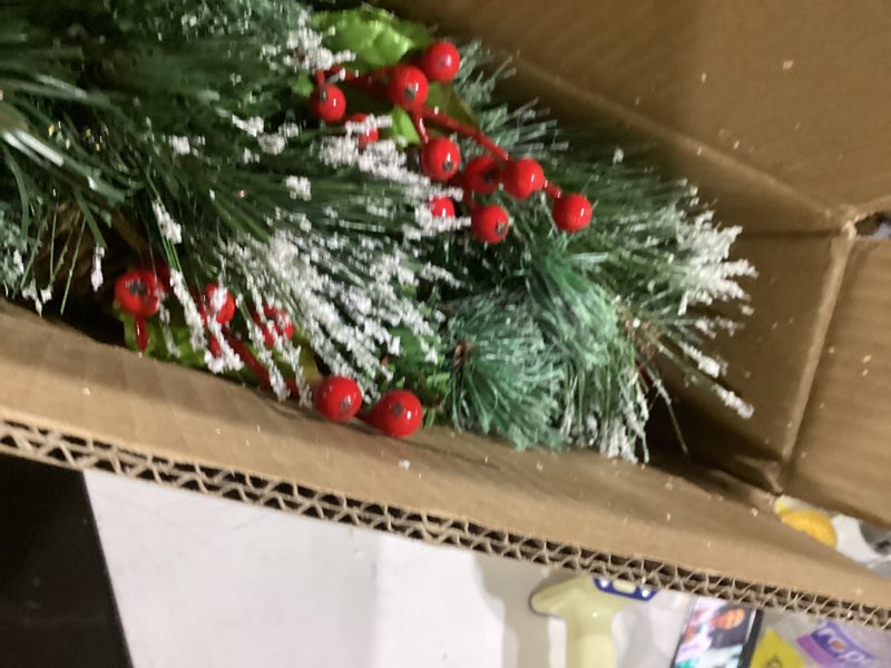 Condition photo showing Good Condition for National Tree Company 24 in Pre-Lit Crestwood Spruce Artificial Christmas Wreath, Christmas Decoration with Glitter, Pinecones, Red Berries, 50 Clear LED Lights, 160 Tips, Timer, Green Crestwood Spruce - 24 inch Battery Operated Wreath