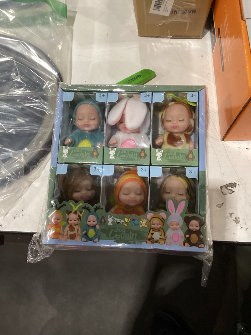 Xadothat 6 Pcs Mini Baby Dolls Set 4 Inch Small Baby Dolls with Animal Clothes and Slide Swing Toys (Dolls C)