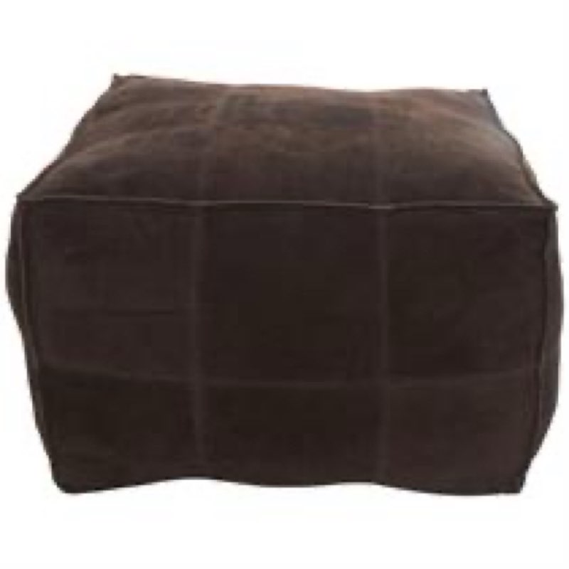Dark Brown Leather Low Profile Square Stuffed Pouf with Patchwork Design, 28" x 28" x 19"